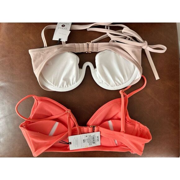 Shade & Shore 2x Bikini Tops Size 34B Coral and Beige New - Picture 2 of 5
